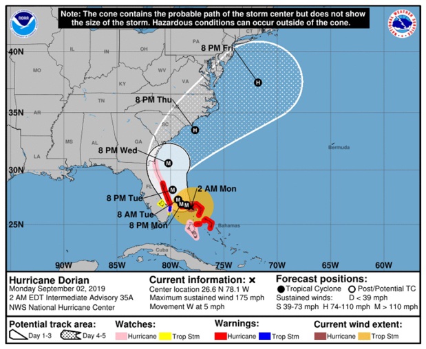 La Floride et la Géorgie se préparent au passage de Dorian qui pourrait mettre des vies en danger - Crédit photo : NHC