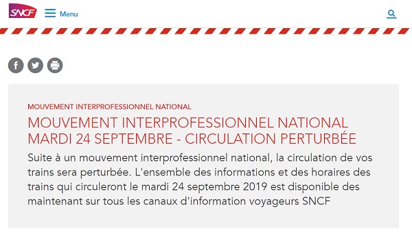 En raison d'un mouvement social, le trafic SNCF sera perturbé le mardi 24 septembre 2019