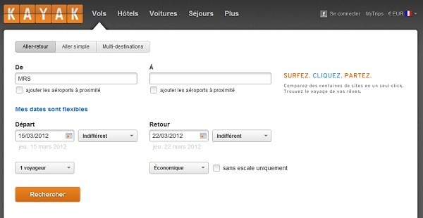 Capture d'écran www.kayak.fr