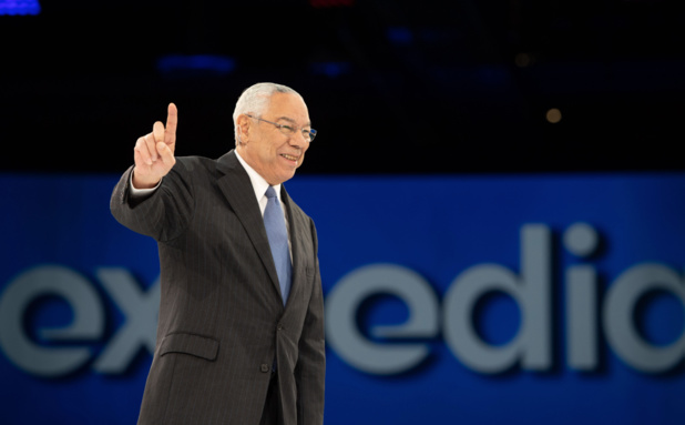 Colin Powell, l'ex secrétaire d'Etat américain, a fait se lever les 3000 participants à l'Explore 2019 © Expedia Colin Powell, l'ex secrétaire d'Etat américain, a fait se lever les 3000 participants à l'Explore 2019 © Expedia