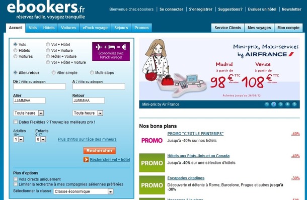 eBookers cherche à optimiser l'expérience client sur son site Internet - Capture d'écran www.ebookers.fr