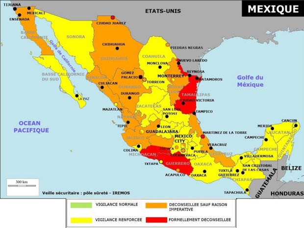 Cartographie des niveaux de risques au Mexique par Etat en décembre 2019 (cliquez sur la carte pour agrandir) - DR Cartographie des niveaux de risques au Mexique par Etat en décembre 2019 (cliquez sur la carte pour agrandir) - DR