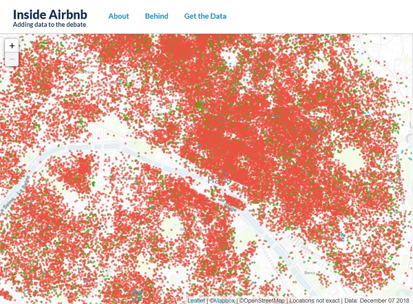 La carte des locations Airbnb à Paris selon le site Inside Airbnb, au 7 décembre 2019 plus de 59 000 logements parisiens sont sur Airbnb - Crédit photo : Inside Airbnb La carte des locations Airbnb à Paris selon le site Inside Airbnb, au 7 décembre 2019 plus de 59 000 logements parisiens sont sur Airbnb - Crédit photo : Inside Airbnb