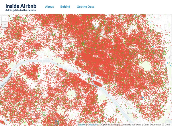La carte des locations Airbnb à Paris selon le site Inside Airbnb, au 7 décembre 2019 plus de 59 000 logements parisiens sont sur Airbnb - Crédit photo : Inside Airbnb