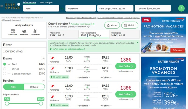 Easyvoyage propose de comparer les vols en fonction de leur émission carbone - DR