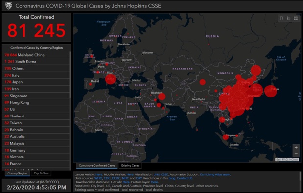 Carte qui recense en temps réel la propagation de l'épidémie de Coronavirus - DR : Université américaine Johns-Hopkins