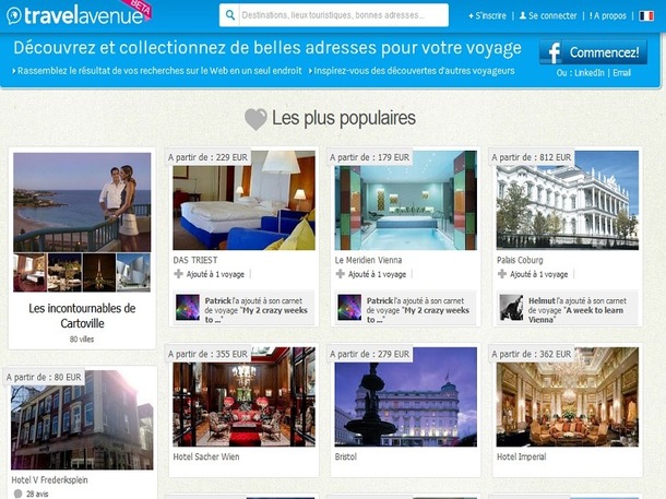 Sur TravelAvenue, les utilisateurs créent un carnet de voyage sur lequel ils ajoutent les informations recueillis sur Internet à propos du séjour qu'ils préparent - Capture d'écran