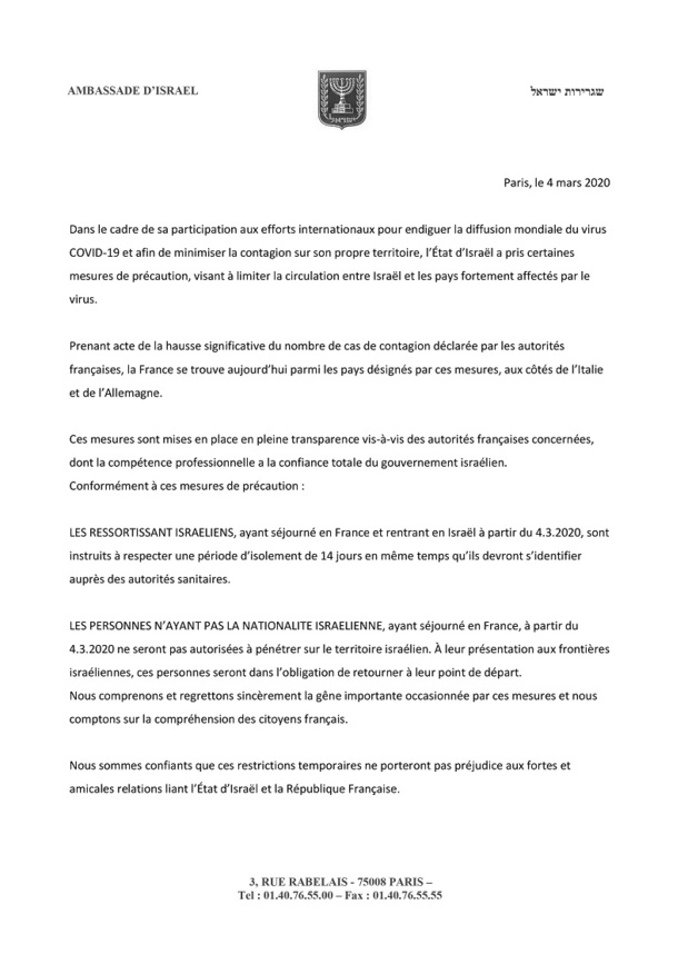 Note de l'Ambassade d’Israël en France Note de l'Ambassade d’Israël en France