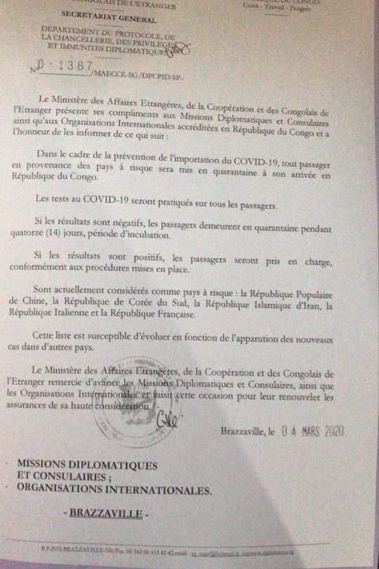 Congo: Quarantaine pour les voyageurs en provenance de France