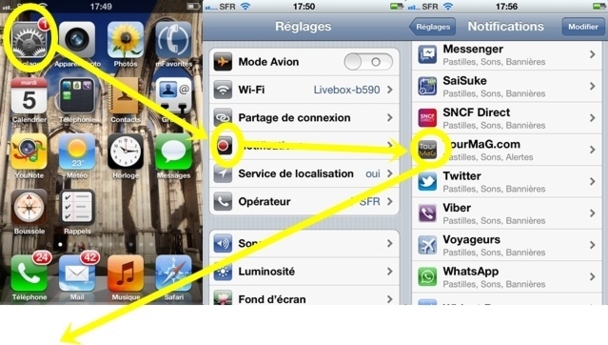 Dans la page d'accueil sélectionnez "Reglages". Dans l'écran suivant, cliquez sur "Notifications" > TourMaG.com >