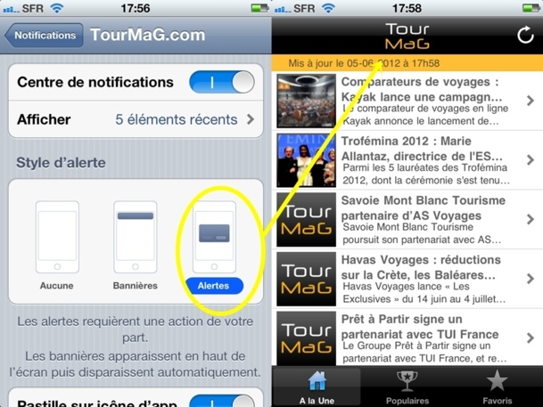 > Une fois dans la page "Notifications", cochez Centre de Notifications puis dans "Style d'alerte", cochez "Alertes" et le tour est joué !