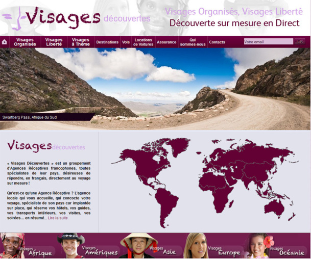 La Home page du site Internet de Visages Découvertes invite les voyageurs à choisir leur destination - Photo DR