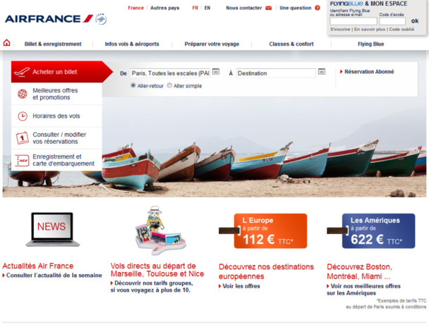 La nouvelle Home page du site AirFrance.fr n'a rien à voir avec le bug qui s'est produit lundi. Photo DR