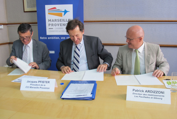 Jean-Paul Ségade, DG de l'AP-HM, Jacques Pfister, président de la CCIMP et Patrick Ardizionni, directeur des Feuillades/Sibourg ont signé la convention de partenariat du Pole Santé Méditerranée - DR : A.B. Jean-Paul Ségade, DG de l'AP-HM, Jacques Pfister, président de la CCIMP et Patrick Ardizionni, directeur des Feuillades/Sibourg ont signé la convention de partenariat du Pole Santé Méditerranée - DR : A.B.