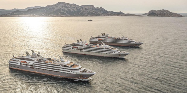 Ponant participera à cette initiative. Sur la photo : Au matin du 16 avril, Le Boréal, L’Austral et le Lyrial ont vogué ensemble dans la rade marseillaise - DR Ponant