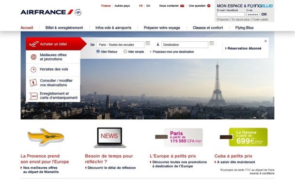 La nouvelle page d'accueil du site grand public d'Air France fait la part belle aux visuels - DR