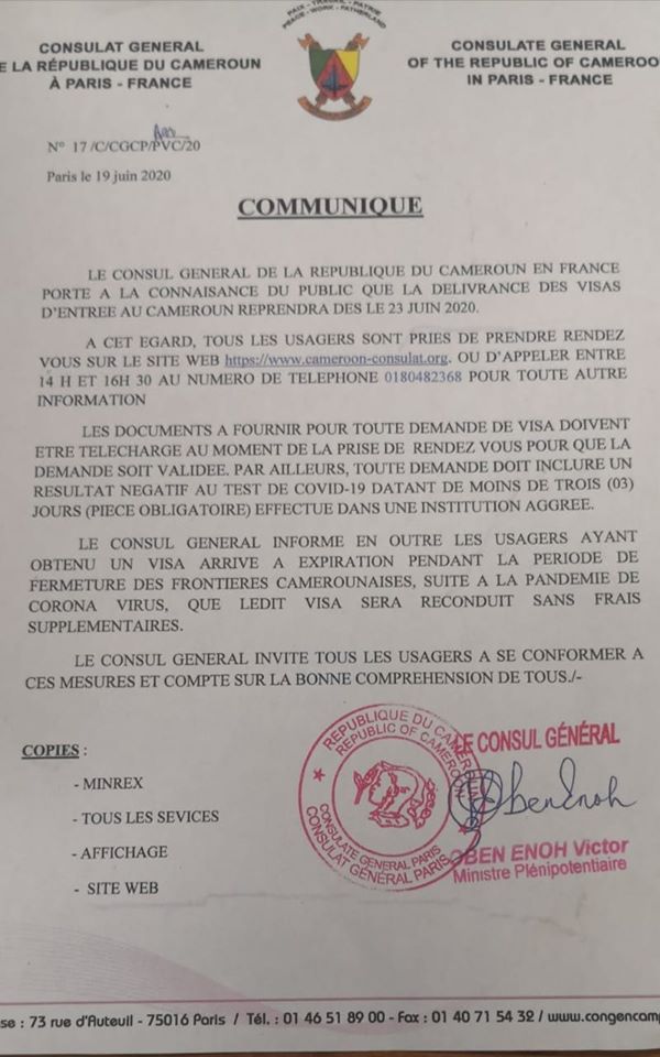 Cameroun: la délivrance des visas reprendra le 23 Juin