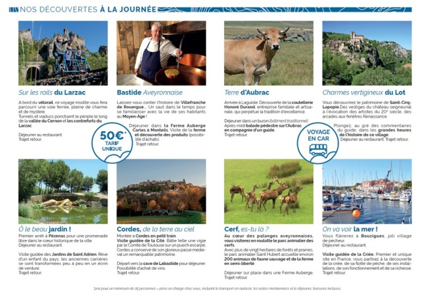 Le voyagiste a édité un petit flyer de 4 pages contenant des idées de sorties à la journée - DR : Voyages Ruban Bleu Le voyagiste a édité un petit flyer de 4 pages contenant des idées de sorties à la journée - DR : Voyages Ruban Bleu