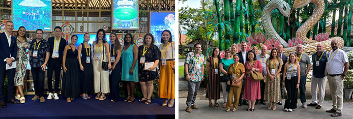 Photo de gauche : photo de groupe du FAM Trip Aurora 2024 / Photo de droite : photo de groupe du FAM Trip Aurora 2025