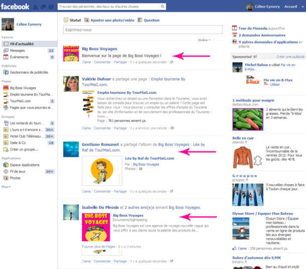 Toutes les activités de la page apparaissent dans le fil actu des fans, c'est par ce biais qu'ils restent informés. (Cliquez sur l'image pour l'agrandir) Toutes les activités de la page apparaissent dans le fil actu des fans, c'est par ce biais qu'ils restent informés. (Cliquez sur l'image pour l'agrandir)