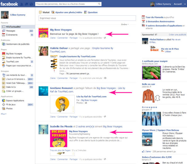 Toutes les activités de la page apparaissent dans le fil actu des fans, c'est par ce biais qu'ils restent informés. (Cliquez sur l'image pour l'agrandir)