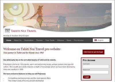Le nouveau site professionnel de Tahiti Nui Travel a pour objectif d'aider les tour opérateurs à programmer et vendre la destination Polynésie - Capture d'écran Le nouveau site professionnel de Tahiti Nui Travel a pour objectif d'aider les tour opérateurs à programmer et vendre la destination Polynésie - Capture d'écran