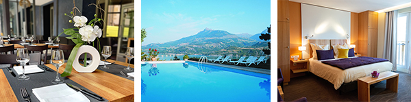 Terrasse de restaurant - © Hôtel de France / Piscine vue sur lac - © Hôtel Eden Lac / Chambre - © Hôtel Les Vallées