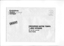 Les enveloppes pour les demandes de brochures des croisières Notre Temps sont également éditées au nom de NDS Voyages (Cliquer pour zoomer) - DR Les enveloppes pour les demandes de brochures des croisières Notre Temps sont également éditées au nom de NDS Voyages (Cliquer pour zoomer) - DR