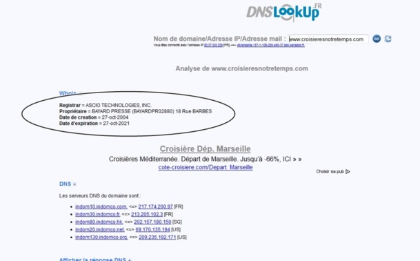 Le nom de domaine du site qui faisait la promotion des croisières Notre temps, appartient bien à Bayard Presse /capture d'écran Le nom de domaine du site qui faisait la promotion des croisières Notre temps, appartient bien à Bayard Presse /capture d'écran