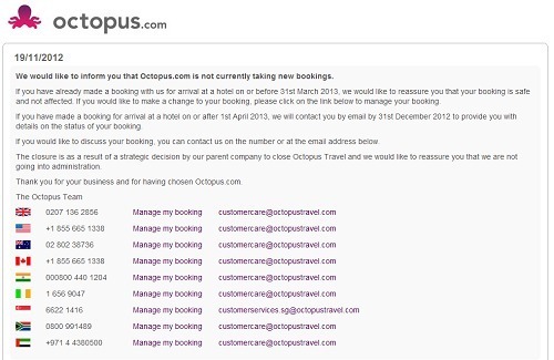 Un message est en ligne sur le site Octopus.com pour informer de la fin des activités de l'agence en ligne - Capture d'écran