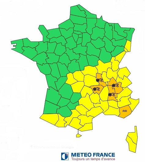 L'alerte de Météo France concerne l'Isère, la Drôme, la Loire et la Haute-Loire - DR : Météo-France