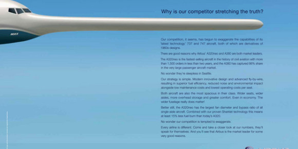 la publicité d'Airbus met en cause la sincérité de Boeing sur les performances de ses appareils - DR la publicité d'Airbus met en cause la sincérité de Boeing sur les performances de ses appareils - DR
