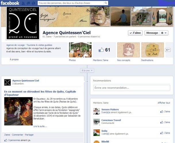 En un mois d'activités, la page fan de Quintessen'Ciel sur Facebook a passé la barre des 60 mentions "J'aime" - Capture d'écran