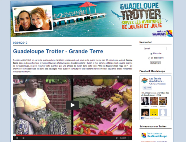 Pour attirer l'attention de l'internaute, on peut s'appuyer sur la collaboration des voyageurs via divers jeux concours, comme Julie et Julien qui ont sillonné la Guadeloupe et retracé leur parcours en vidéo sur un blog - DR Pour attirer l'attention de l'internaute, on peut s'appuyer sur la collaboration des voyageurs via divers jeux concours, comme Julie et Julien qui ont sillonné la Guadeloupe et retracé leur parcours en vidéo sur un blog - DR