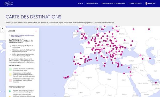 Les pays et les aéroports sont codés par couleur en fonction des restrictions - DR : Wizz Air Les pays et les aéroports sont codés par couleur en fonction des restrictions - DR : Wizz Air