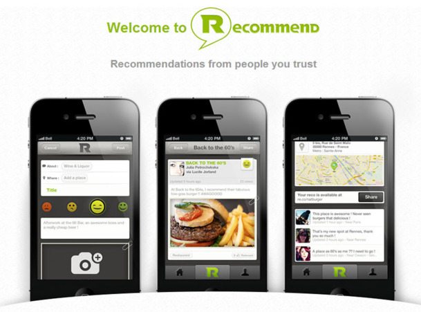 L'appli mobile Recommend entend proposer une recommandation de confiance en s'appuyant sur les avis des personnes en lesquelles on a vraiment confiance pour archiver, organiser et partager des expériences par thèmes ou lieux - DR L'appli mobile Recommend entend proposer une recommandation de confiance en s'appuyant sur les avis des personnes en lesquelles on a vraiment confiance pour archiver, organiser et partager des expériences par thèmes ou lieux - DR