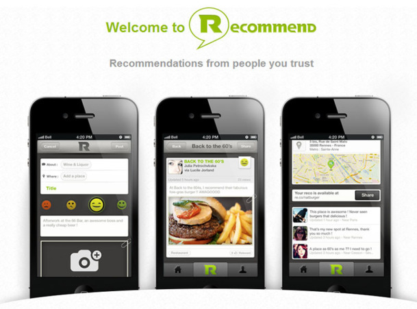 L'appli mobile Recommend entend proposer une recommandation de confiance en s'appuyant sur les avis des personnes en lesquelles on a vraiment confiance pour archiver, organiser et partager des expériences par thèmes ou lieux - DR