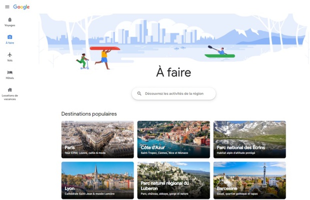 Google a tout une liste de produit dans le voyage, comme Hotels, Flight, Location de courte durée et maintenant les expériences, avec la page "A faire" sur la version française - DR