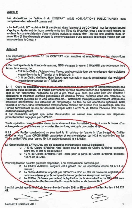 Le contrat conclu entre NDS et BAYARD stipule que le voyagiste s'engage à verser un montant du chiffre d'affaires des croisières, selon un pourcentage qu'il fixe - DR Le contrat conclu entre NDS et BAYARD stipule que le voyagiste s'engage à verser un montant du chiffre d'affaires des croisières, selon un pourcentage qu'il fixe - DR