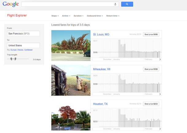 Google teste aux Etats-Unis un nouveau service appelé Flight Explorer, beaucoup plus fonctionnel que Google Flight lancé en 2011 - DR Google teste aux Etats-Unis un nouveau service appelé Flight Explorer, beaucoup plus fonctionnel que Google Flight lancé en 2011 - DR