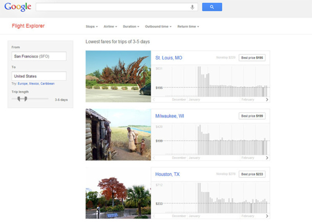 Google teste aux Etats-Unis un nouveau service appelé Flight Explorer, beaucoup plus fonctionnel que Google Flight lancé en 2011 - DR