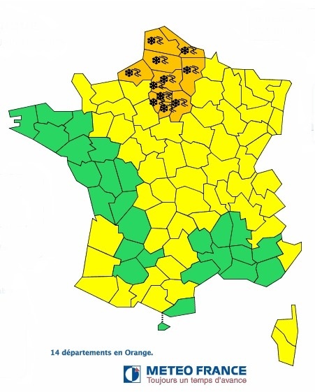 Lundi 14 janvier 2013, en fin d'après-midi, la neige devrait tomber au nord de la Seine - Météo France