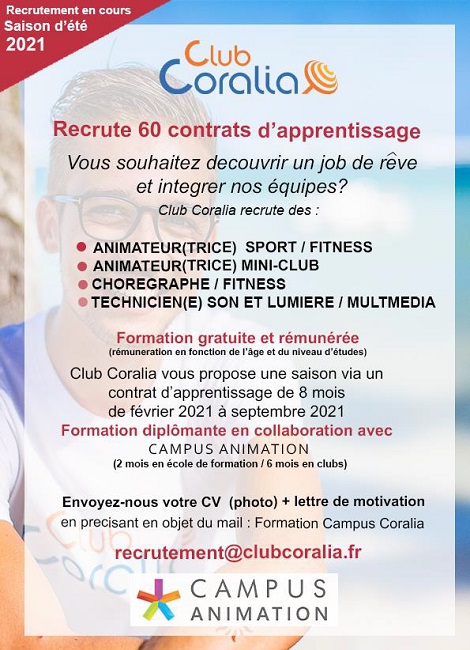 Club Coralia recrute 60 contrats d'apprentissage