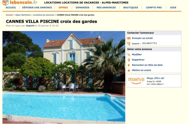 Exemple d'une location de villa à Cannes sur le Bon Coin. DR