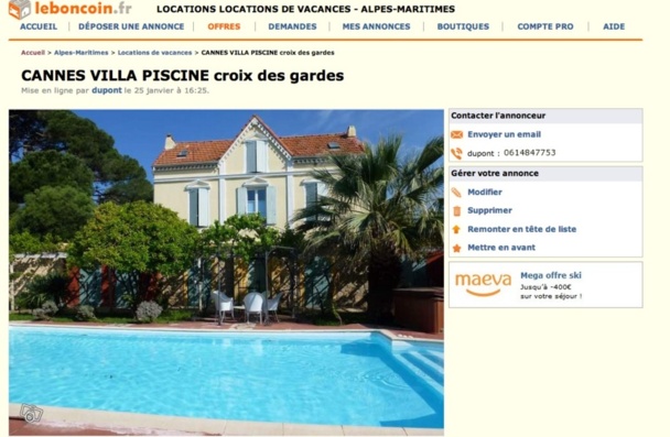 Exemple d'une location de villa à Cannes sur le Bon Coin. DR Exemple d'une location de villa à Cannes sur le Bon Coin. DR