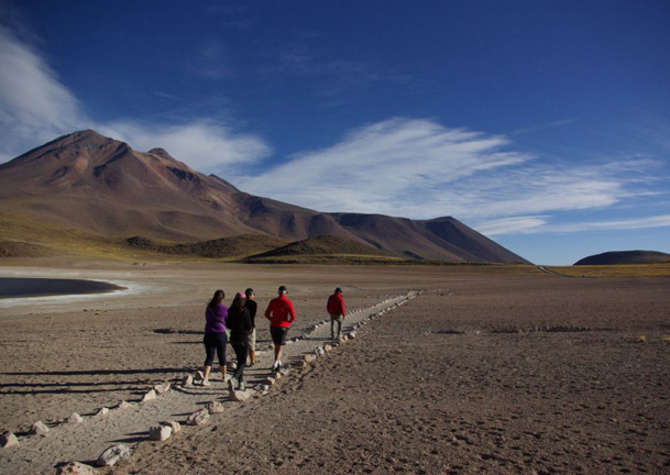 Au dessus du lac, quasi dépourvu de neige, les sommets des volcans (dont le Miscanti), bruns et désolés, tous à plus de 5 000 m, sont accessibles par des sentiers muletiers, sans équipement. - JFR