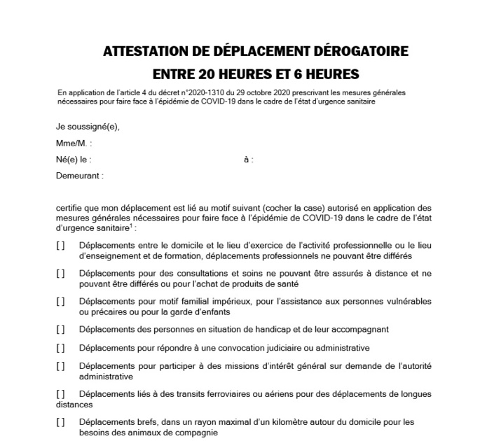 Nouvelle attestation de déplacement dérogatoire entre 20h et 6h - DR