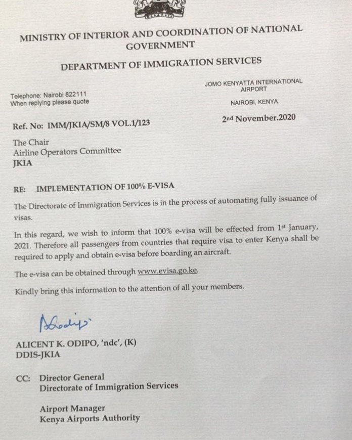 Kenya: la présentation d'un visa électronique obtenu avant le départ sera obligatoire dès le 1er Janvier 2021 Kenya: la présentation d'un visa électronique obtenu avant le départ sera obligatoire dès le 1er Janvier 2021
