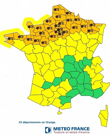 29 départements français, du Finistère à la Moselle, sont placés en vigilance orange à la neige par Météo France ce mardi 12 mars 2013 - DR Météo France 29 départements français, du Finistère à la Moselle, sont placés en vigilance orange à la neige par Météo France ce mardi 12 mars 2013 - DR Météo France