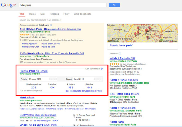La "box" Hotel Finder" de Google s'affiche désormais juste en dessous des liens sponsorisés - Copie écran La "box" Hotel Finder" de Google s'affiche désormais juste en dessous des liens sponsorisés - Copie écran